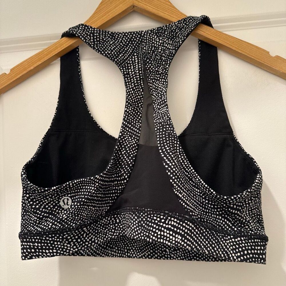 Lululemon Invigorate Long Line Sports Bra in a black and white "Night View" prin